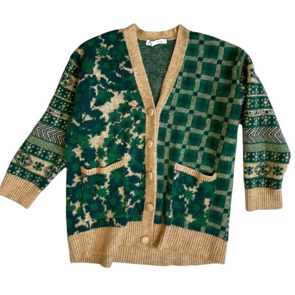 Zara Courtyard Patchwork Oversized Cardigan Sweater Green Tan Small - Picture 2 of 9